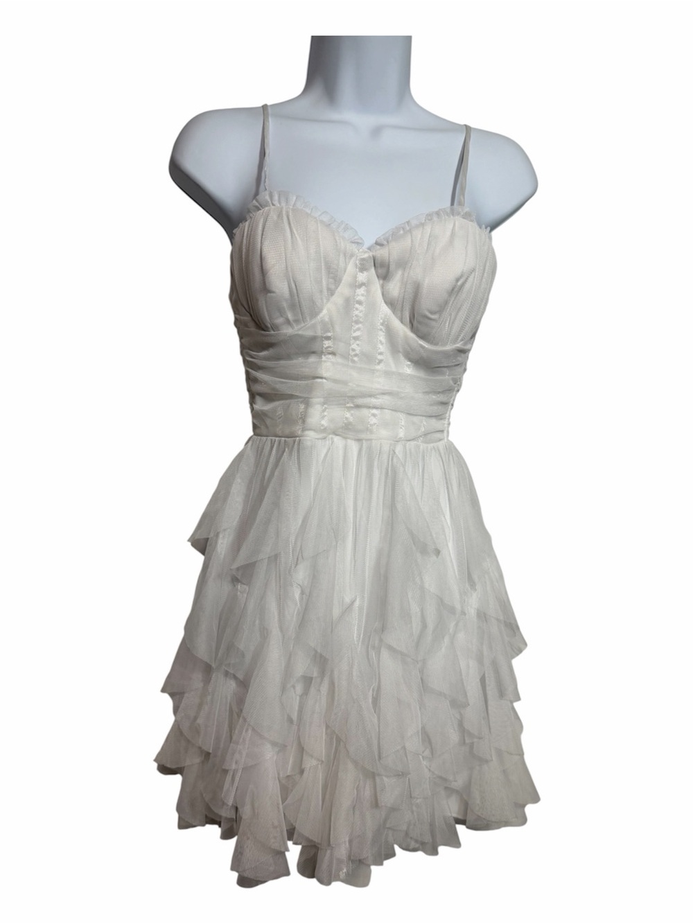 Pear Couture Ivory Ruffle Tulle Mini Dress Corset Top Size 1/2 Bridal Lace Up
